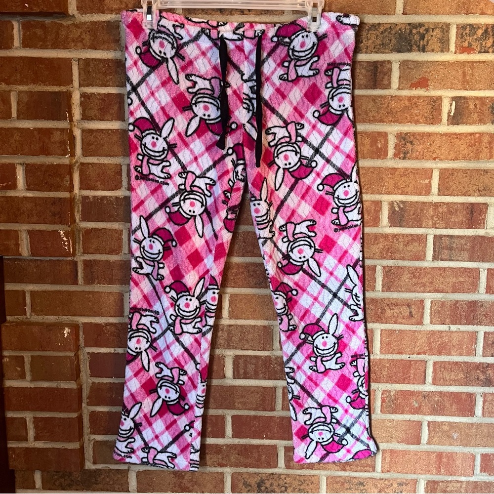 Vtg Happy Bunny Women Junior S 3/5 Fleece Pajama Pants Pink Black White Y2K 90's